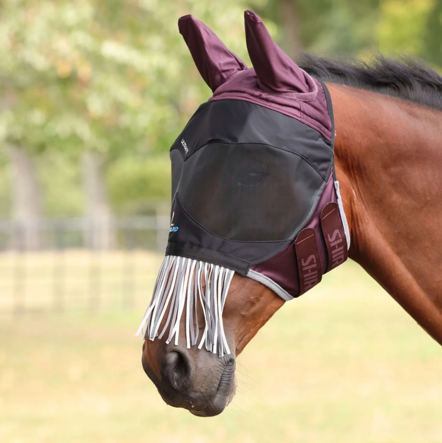 FlyGuard by Shires Vliegenmasker Pro Deluxe met Oren en Franjes Black Cherry